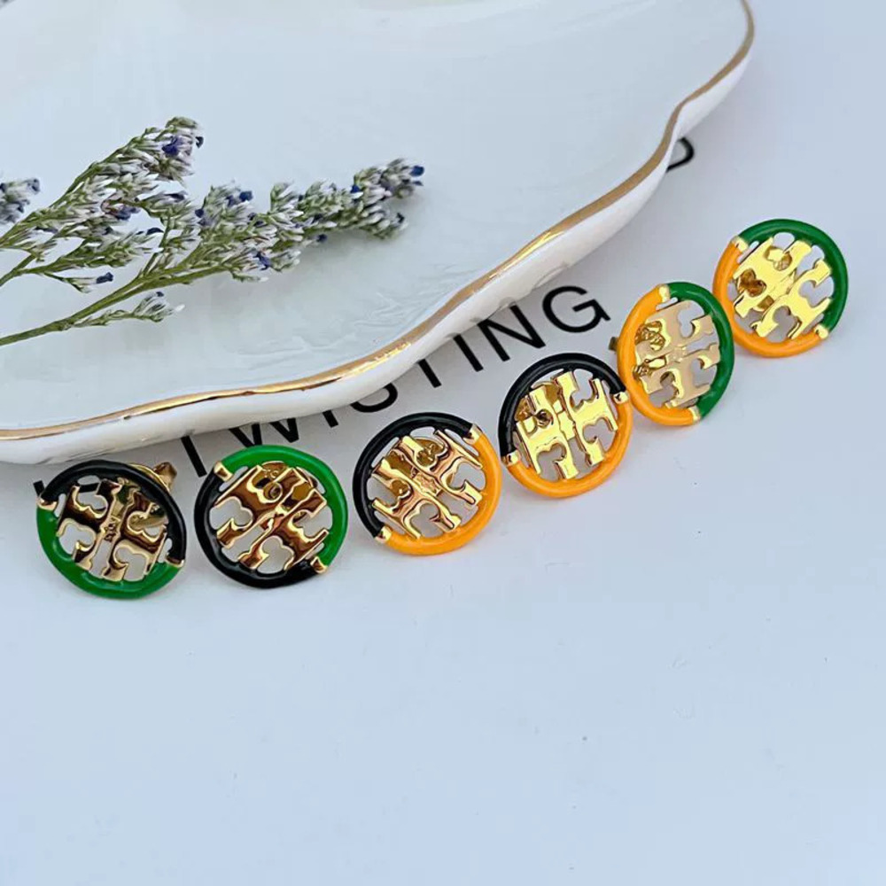 Tory Burch Enamel Inlay Hollow Logo Geometric Round Metal Earrings